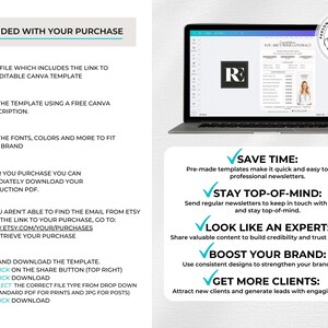 May include: A laptop displays a contract template with the text "YOU ARE UNDER CONTRACT". The image includes a list of benefits: save time, stay top-of-mind, look like an expert, boost your brand, and get more clients. The image also includes instructions on how to download the template.
