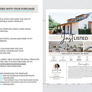 May include: A real estate listing template for Canva with a white farmhouse with brown accents. The template includes a photo of the house, a description of the home, and contact information for the real estate agent. The text on the template reads "Just Listed" and "Charming Home".