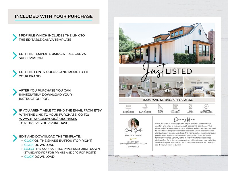 May include: A real estate listing template for Canva with a white farmhouse with brown accents. The template includes a photo of the house, a description of the home, and contact information for the real estate agent. The text on the template reads "Just Listed" and "Charming Home".