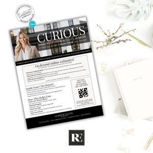 K&ouml;nnte beinhalten: Ein schwarz-wei&szlig;er Flyer mit dem Text "Neugierig: Was ist Ihr Haus wert? Es k&ouml;nnte mehr wert sein, als Sie denken." Der Flyer enth&auml;lt auch einen QR-Code und den Text "Gehen Sie &uuml;ber Online-Sch&auml;tzungen hinaus!"  "In Ihrem CMA-Bericht" und "Wie das Ihnen hilft".