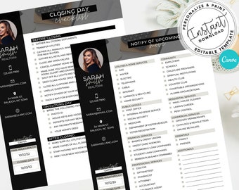 May include: A black and white checklist for closing day on a house purchase. The checklist includes sections for before closing, on closing day, and after closing. The checklist also includes a section for notifying upcoming movers of the move. The checklist is designed to be personalized and printed. The checklist is a printable template.