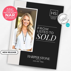 以下が含まれることがあります： 「From Listed to Sold」というテキストと女性の画像が載っている白黒の不動産マーケティングチラシ。チラシには「HS Harper Stone Realtors (123) 456-7890」というテキストも含まれています。