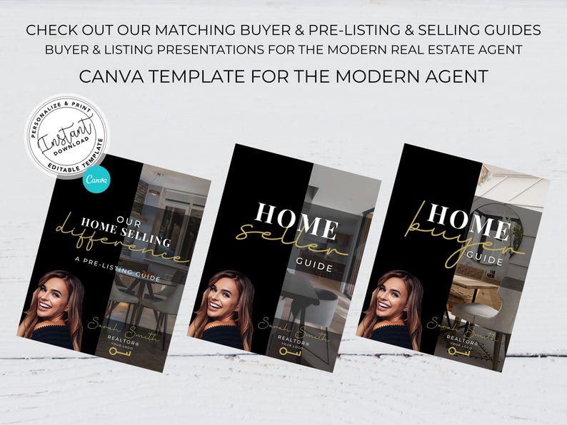 May include: Three black and gold Canva templates for real estate agents. The templates are titled "Home Selling", "Home Seller Guide", and "Home Buyer Guide". Each template features a photo of a woman with a black background and a gold accent.