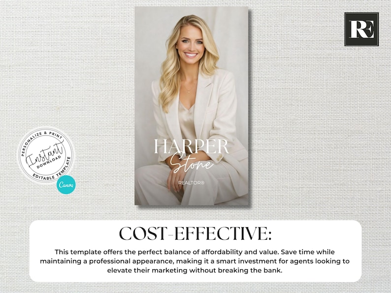 May include: A professional headshot of a smiling woman in a white blazer and pants. The text "HARPER STONE REALTORS" is displayed. The image includes a "PERSONALIZE & PRINT" logo and the words "COST-EFFECTIVE".