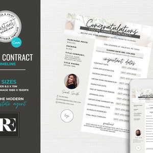 May include: A printable under contract timeline flyer for real estate agents. The flyer is beige with a floral design and includes important dates for the closing process. The text includes the purchase price, escrow amount, title company information, and a closing date of December 4th, 2023.