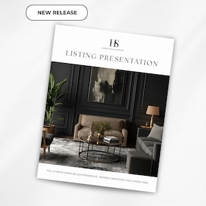 Puede incluir: Un folleto blanco con el texto "LISTING PRESENTATION" y "NEW RELEASE" en un óvalo negro. El folleto presenta un salón amueblado con un sofá, una mesa de centro y obras de arte. El texto en la parte inferior dice "THE ULTIMATE HOME SELLER EXPERIENCE - REFINED, SIMPLIFIED, AND STRESS-FREE."
