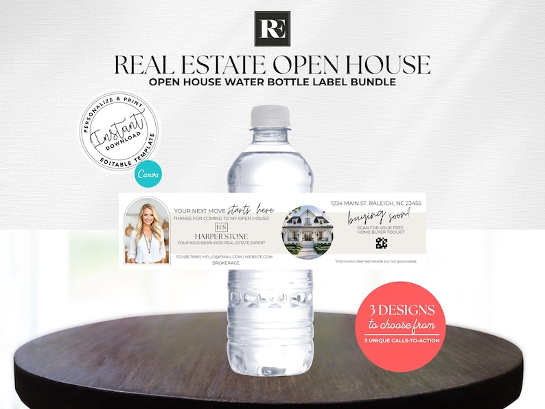 May include: A clear water bottle with a label promoting a real estate open house. The label includes text, a photo of a woman, and a house image. The design features the text "REAL ESTATE OPEN HOUSE".