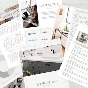May include: A marketing plan for real estate agents with sections for networking, signage, email marketing, property flyers, and showings. The plan also includes tips for getting featured on real estate websites like Zillow, Trulia, Twitter, and Facebook. The plan also includes tips for home showings and offers.