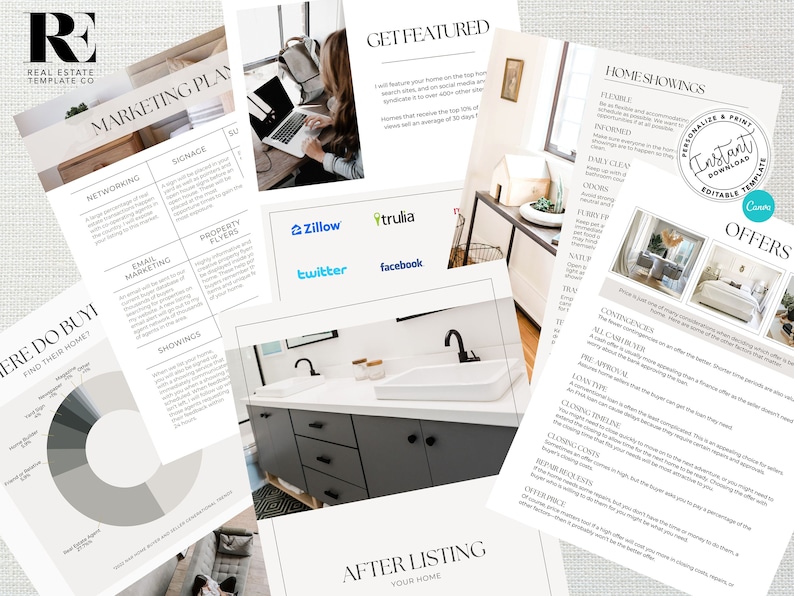 May include: A marketing plan for real estate agents with sections for networking, signage, email marketing, property flyers, and showings. The plan also includes tips for getting featured on real estate websites like Zillow, Trulia, Twitter, and Facebook. The plan also includes tips for home showings and offers.