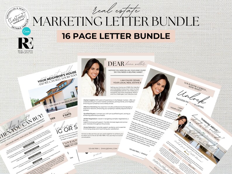 May include: A marketing letter bundle for real estate agents. The bundle includes 16 pages of letter templates with a pink and white colour scheme. The letters feature a headshot of a real estate agent and text that reads "Dear Home Sellers", "Your Neighbour's House", "When You Can Buy!" and "Unlock Your Listing Success".