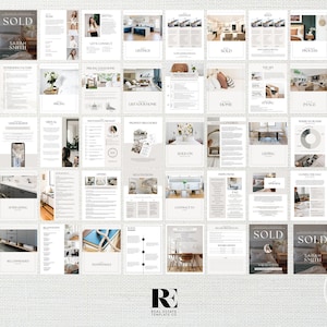 May include: A real estate template kit with a white background and a light gray texture. The kit includes a variety of pages with text and images related to the real estate industry. The pages are organized into sections such as "Factors", "List Your Home", "Sold", "Process", "Home", "Listing", "Place", "Negotiations", "Contract To", "Final Steps", and "Recommendations". The kit also includes a logo for a real estate company called "Real Estate Template Co."
