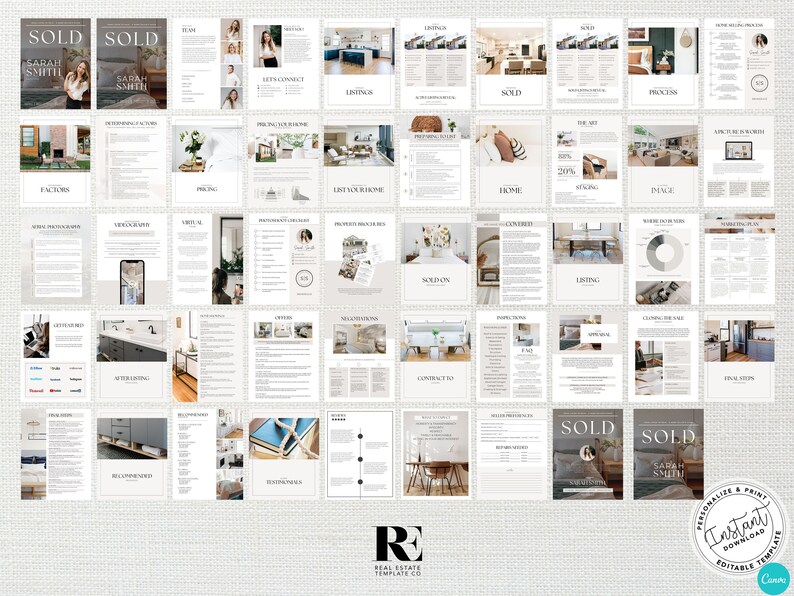 May include: A real estate template kit with a white background and a light gray texture. The kit includes a variety of pages with text and images related to the real estate industry. The pages are organized into sections such as "Factors", "List Your Home", "Sold", "Process", "Home", "Listing", "Place", "Negotiations", "Contract To", "Final Steps", and "Recommendations". The kit also includes a logo for a real estate company called "Real Estate Template Co."