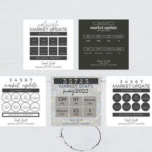 Puede incluir: Una colecci&oacute;n de diez publicaciones de actualizaci&oacute;n del mercado. Cada publicaci&oacute;n presenta un dise&ntilde;o minimalista con puntos de datos, incluyendo nuevas listas, ventas y precios promedio. El texto incluye "Market Update" y "Seller's Market".