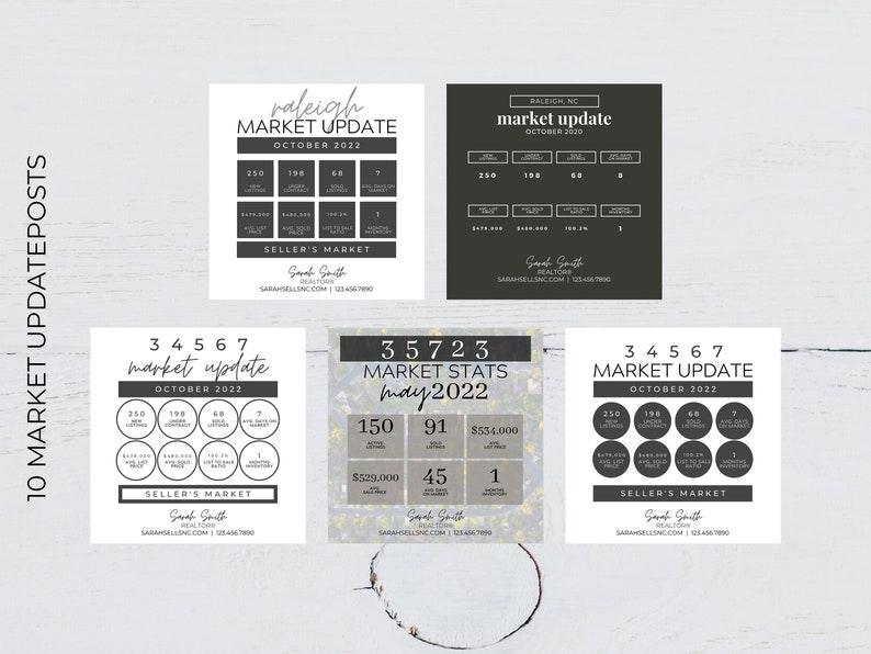 Puede incluir: Una colecci&oacute;n de diez publicaciones de actualizaci&oacute;n del mercado. Cada publicaci&oacute;n presenta un dise&ntilde;o minimalista con puntos de datos, incluyendo nuevas listas, ventas y precios promedio. El texto incluye "Market Update" y "Seller's Market".
