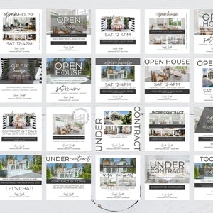 May include: A collage of 12 social media posts for real estate agents. The posts feature photos of homes, open house announcements, and updates on properties under contract. The posts are designed to be visually appealing and informative.
