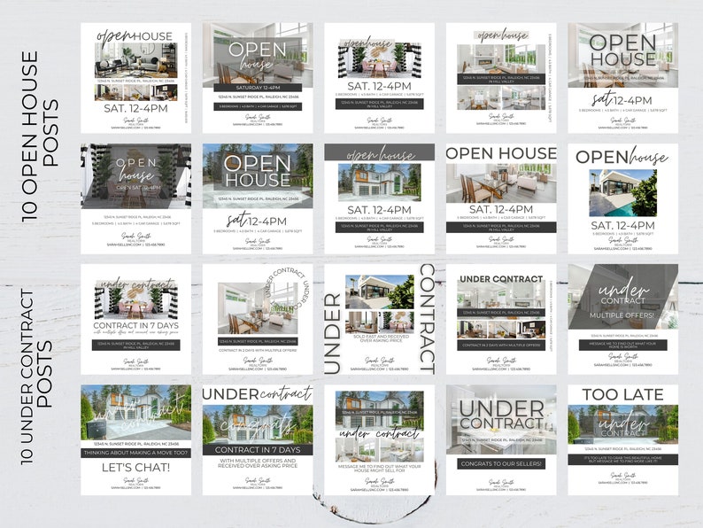 May include: A collage of 12 social media posts for real estate agents. The posts feature photos of homes, open house announcements, and updates on properties under contract. The posts are designed to be visually appealing and informative.