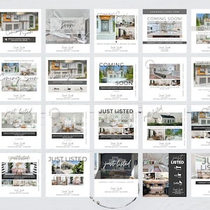 May include: A collage of 10 social media posts for real estate agents. The posts feature photos of homes and the text "Coming Soon" and "Just Listed".