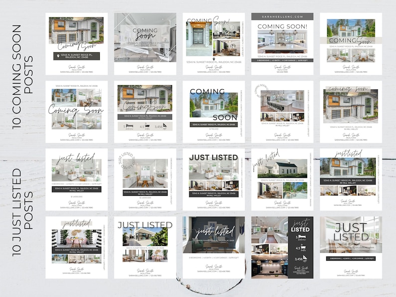 May include: A collage of 10 social media posts for real estate agents. The posts feature photos of homes and the text "Coming Soon" and "Just Listed".