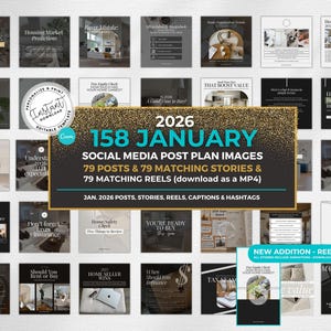 May include: A collection of social media post plan images for January 2026, featuring 79 posts, stories, and reels. The design includes a gold glitter banner with the text "2026 158 JANUARY" and various real estate-themed graphics.