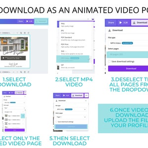 Puede incluir: Una gu&iacute;a paso a paso sobre c&oacute;mo descargar una publicaci&oacute;n de video animada. La imagen muestra una serie de capturas de pantalla con instrucciones, incluida la selecci&oacute;n de descarga, la elecci&oacute;n de video MP4, la anulaci&oacute;n de la selecci&oacute;n de todas las p&aacute;ginas y la selecci&oacute;n de la p&aacute;gina de video editada.