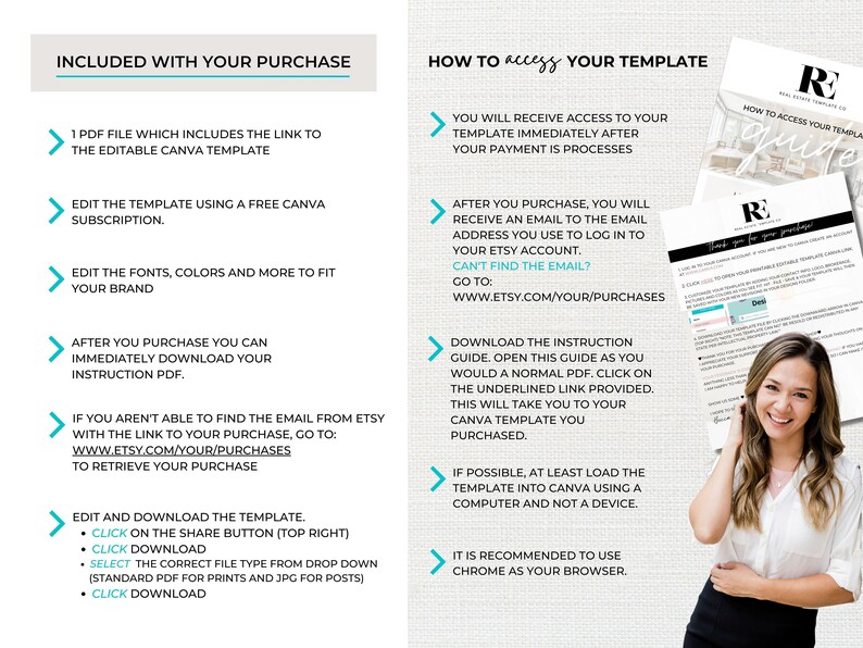 May include: A guide on how to access and edit a Canva template. The guide includes instructions on how to download the template, edit the fonts, colors, and more to fit your brand, and download the template in PDF or JPG format.
