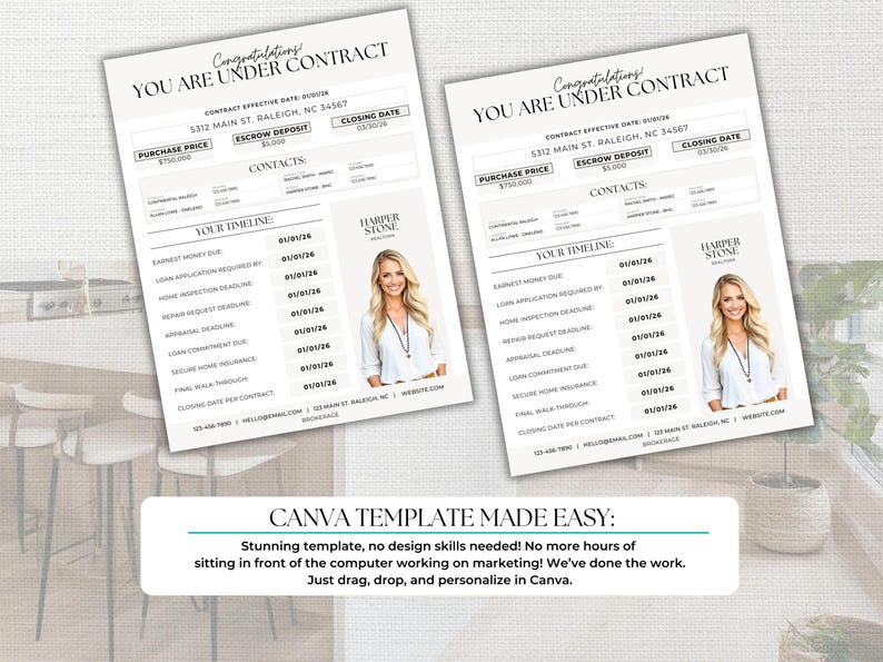 May include: Two documents titled "YOU ARE UNDER CONTRACT" with a timeline and contact information. The documents feature a photo of a woman and the text "CANVA TEMPLATE MADE EASY".