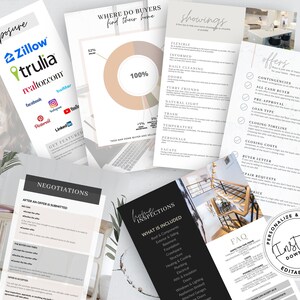 May include: A set of printable real estate templates for home buyers and sellers. The templates include sections for showings, offers, negotiations, inspections, and an FAQ. The templates are designed to be personalized and printed using Canva.