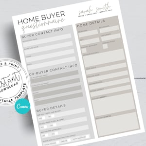 Real Estate Home Buyer Questionnaire, Real estate marketing, Real estate home buyer, Agent Marketing, Agent Canva, Instant Download