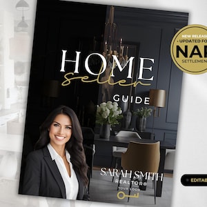 May include: A black and gold home seller guide with a woman in a black blazer and white shirt. The guide has the text "HOME Seller GUIDE" and "NEW RELEASE • UPDATED FOR • NAR SETTLEMENT".