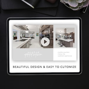 Op de afbeelding: Een tablet-scherm dat een keukenrenovatieproject toont met foto's van voor en na. De tekst op het scherm luidt "updated kitchen", "marble counters", "italian tile", "updated appliances" en "BEAUTIFUL DESIGN & EASY TO CUSTOMIZE".