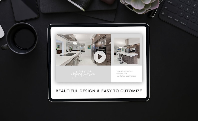 Op de afbeelding: Een tablet-scherm dat een keukenrenovatieproject toont met foto's van voor en na. De tekst op het scherm luidt "updated kitchen", "marble counters", "italian tile", "updated appliances" en "BEAUTIFUL DESIGN & EASY TO CUSTOMIZE".