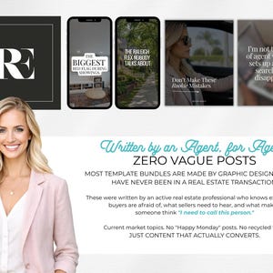May include: A professional woman in a pink blazer smiles, with a logo and phone mockups. The phone screens display text about real estate topics. Text reads "Written by an Agent, for Agents" and "ZERO VAGUE POSTS."