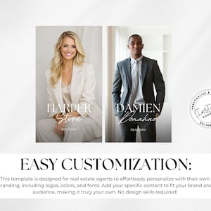 May include: A template for real estate agents featuring two headshots with names and the word "REALTOR" below. The template includes the text "EASY CUSTOMIZATION" and a call to action for personalization and printing.