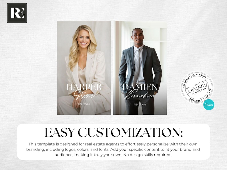 May include: A template for real estate agents featuring two headshots with names and the word "REALTOR" below. The template includes the text "EASY CUSTOMIZATION" and a call to action for personalization and printing.