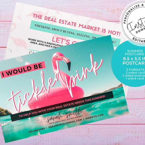 Real Estate Summer Postcard, Realtor Tickled Pink Summer Card, Realtor Farming, Real estate marketing, Realtor mailer, Canva Template, Pool