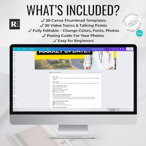 May include: A computer monitor displays a Canva template with the text "WHAT'S INCLUDED?" and a list of features. The screen shows a "MARKET UPDATE" template with a woman's image. The text includes "30 Canva Thumbnail Templates" and "Easy for Beginners."