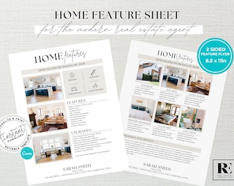 Real Estate Home Feature Sheet, Flyer Template, Real Estate Marketing, For Sale, Open House Flyer, Realtor Listing Flyer, Canva Template