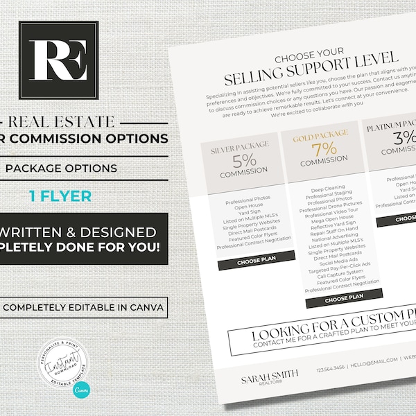 Real Estate Commission Sheet Template, Real Estate Marketing, Listing Presentation, Commission Package, Commission Options, Canva Template