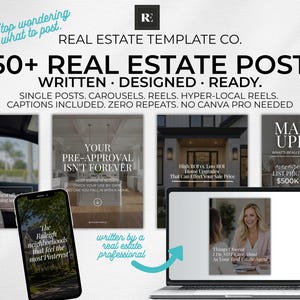 May include: Real estate template package with over 550 posts, written, designed, and ready to use. Includes single posts, carousels, reels, and hyper-local reels. Captions are included. The image shows examples of the templates on a laptop and phone.