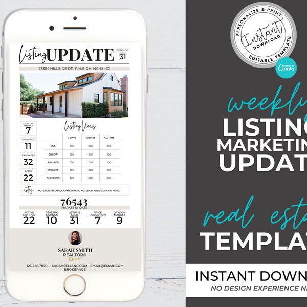 Real Estate Listing Report, Weekly Listing Update, Listing Performance Update Text, Real Estate Marketing, Home Seller, Social Media Update