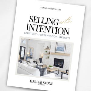 May include: A listing presentation titled "Selling with Intention" with the subheadings "Strategy, Presentation, Results." The presentation features a photo of a modern living room with white furniture, a fireplace, and artwork. The Harper Stone Realtors logo is at the bottom.