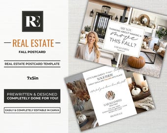 May include: Real estate fall postcard template, 7x5 inches, with a fall theme. The design includes images of a home interior, pumpkins, and text that reads "Are you thinking about making a move this fall?" and "Let's turn over a new leaf together!"