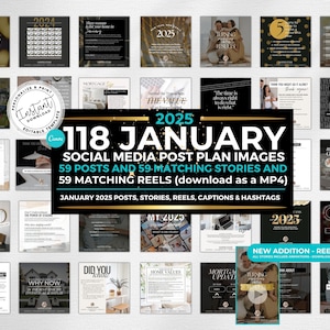 May include: A collage of 118 social media post plan images for January 2025. The images are in a grid format and feature a variety of topics related to real estate, including home values, mortgages, and tips for buying and selling a home. The text "118 JANUARY" is in a large, bold font at the top of the collage.