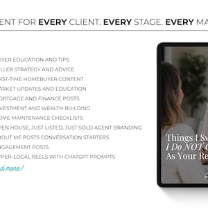 May include: A digital tablet displays a smiling woman and text: "Things I Swear I Do NOT Care About As Your Real Estate." The image is accompanied by a list of real estate content topics, including buyer education, market updates, and home maintenance checklists.