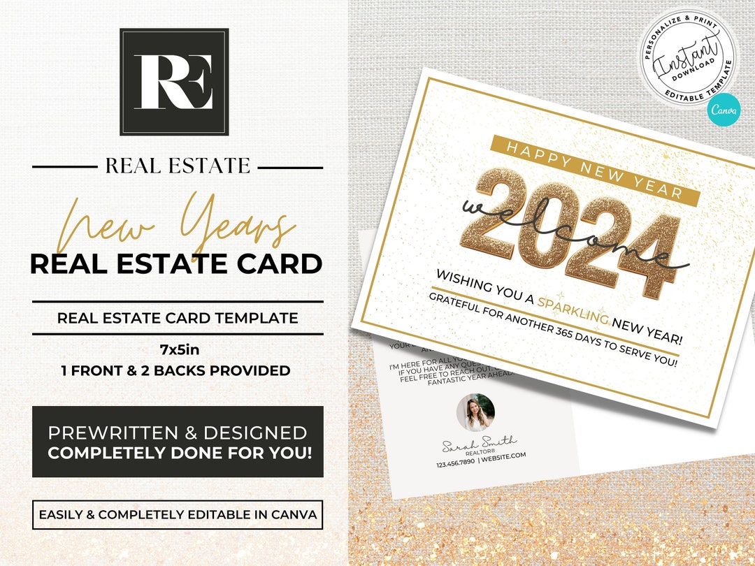 Real Estate New Years Card, Realtor Marketing, 2024 New Year Postcard