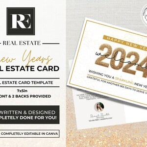 Real Estate New Years Card, Agent Marketing, 2024 New Year Postcard, Canva Template, Agent Mailer, Farming Card, Real Estate Marketing