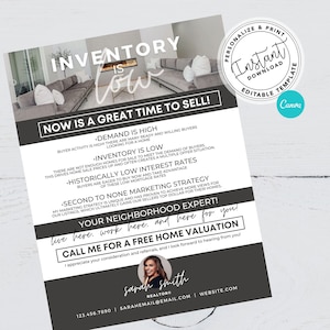 May include: A real estate flyer with a modern design, featuring the text "Inventory is Low" and "Now is a Great Time to Sell!" in a bold, sans-serif font. The flyer includes information about market conditions and a call to action for a free home valuation.