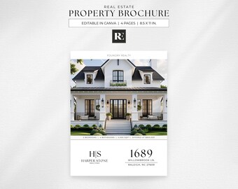 Folleto de propiedades, materiales de marketing modernos, plantilla de volante de propiedades de Canva, folleto editable para agentes inmobiliarios