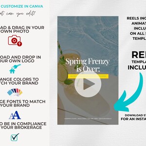 May include: A digital marketing template for social media stories featuring a central video preview with the text Spring Frenzy is Over. The layout includes instructions for customizing photos, logos, colors, and fonts in Canva, plus reel animations.