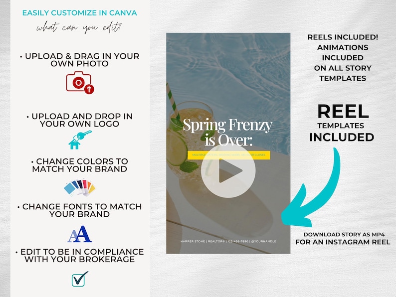 May include: A digital marketing template for social media stories featuring a central video preview with the text Spring Frenzy is Over. The layout includes instructions for customizing photos, logos, colors, and fonts in Canva, plus reel animations.